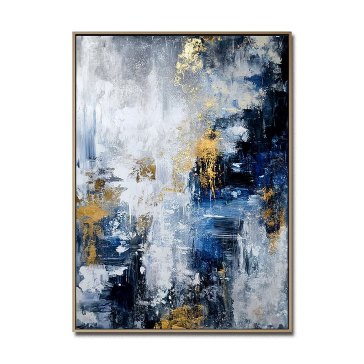 Abstract painting with blue, white, and gold accents, featuring textured brushstrokes.