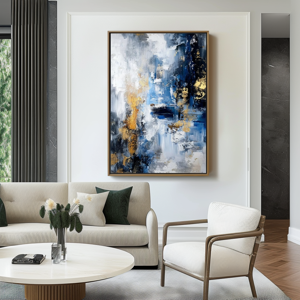 Abstract painting with blue, white, and gold accents, featuring textured brushstrokes and dynamic movement.