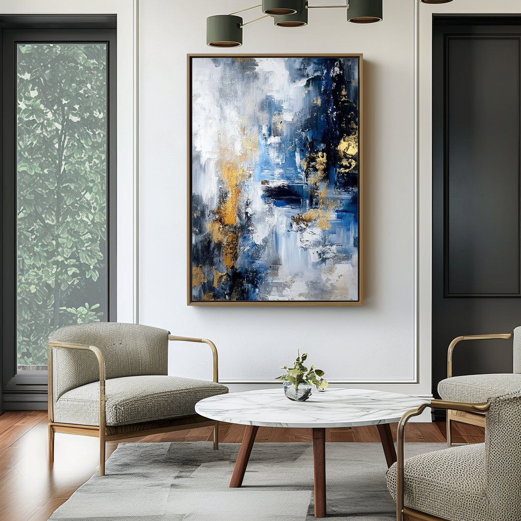 Abstract painting with blue, white, and gold accents, featuring textured brushstrokes and dynamic movement.