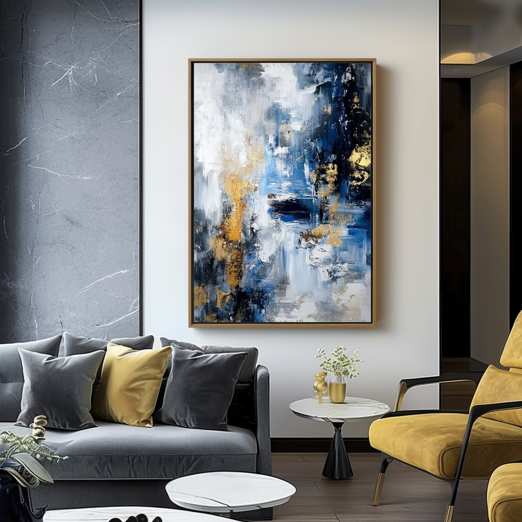 Abstract painting with blue, white, and gold accents, featuring textured brushstrokes and dynamic movement.