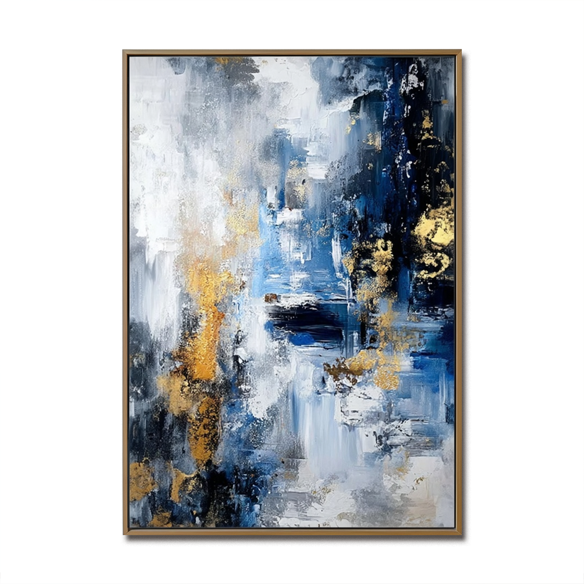 Abstract painting with blue, white, and gold accents, featuring textured brushstrokes and dynamic movement.