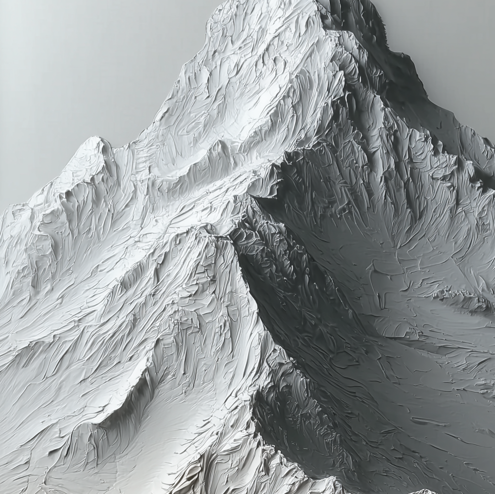 Textured mountain landscape painting with raised ridges and neutral shades of white, gray, and beige.