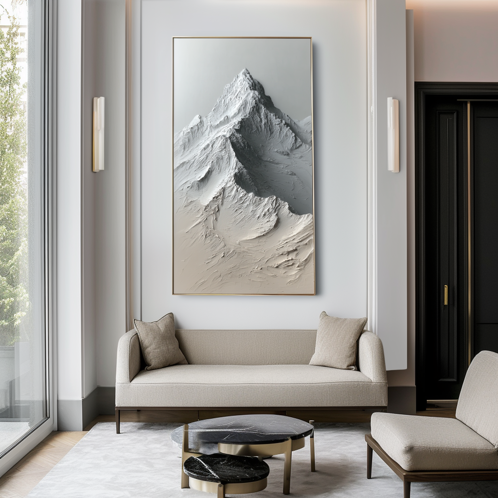 Textured mountain landscape painting with raised ridges and neutral shades of white, gray, and beige.