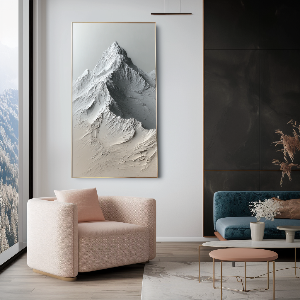 Textured mountain landscape painting with raised ridges and neutral shades of white, gray, and beige.