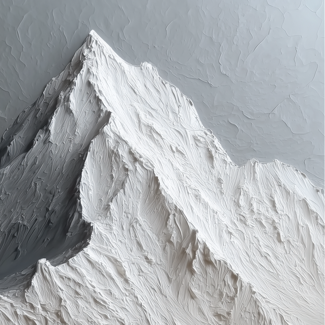 Textured snow-capped mountain landscape painting with raised ridges in neutral shades of white, gray, and beige.