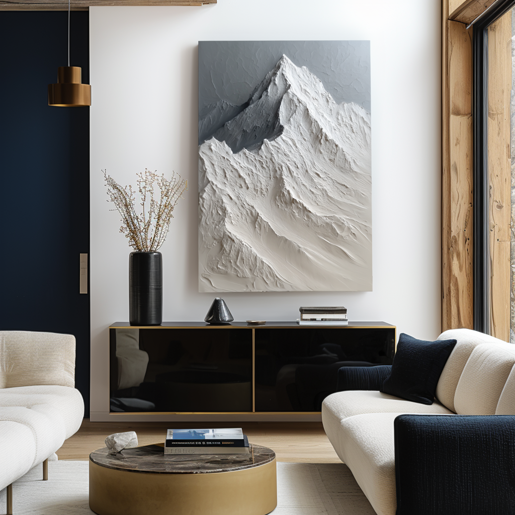 Textured snow-capped mountain landscape painting with raised ridges in neutral shades of white, gray, and beige.