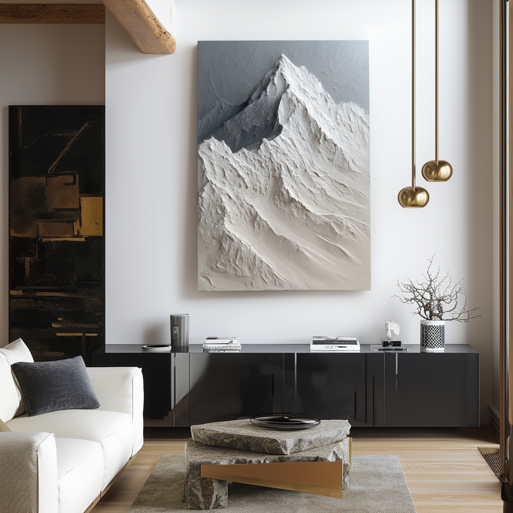 Textured snow-capped mountain landscape painting with raised ridges in neutral shades of white, gray, and beige.
