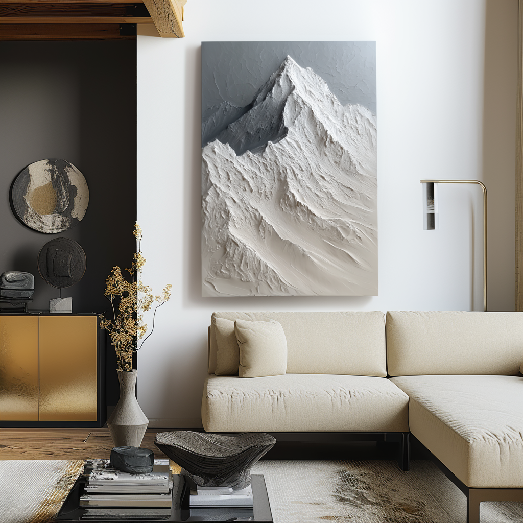 Textured snow-capped mountain landscape painting with raised ridges in neutral shades of white, gray, and beige.