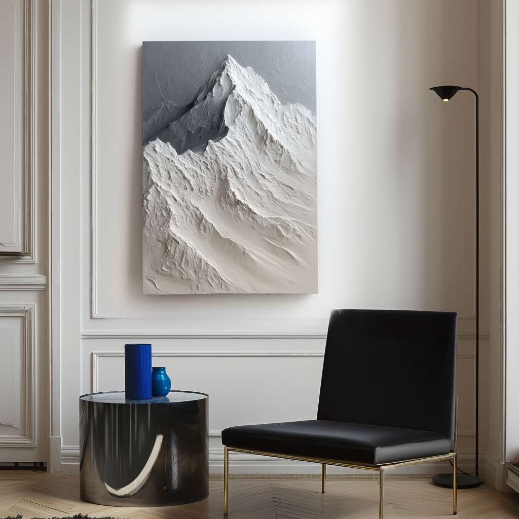 Textured snow-capped mountain landscape painting with raised ridges in neutral shades of white, gray, and beige.