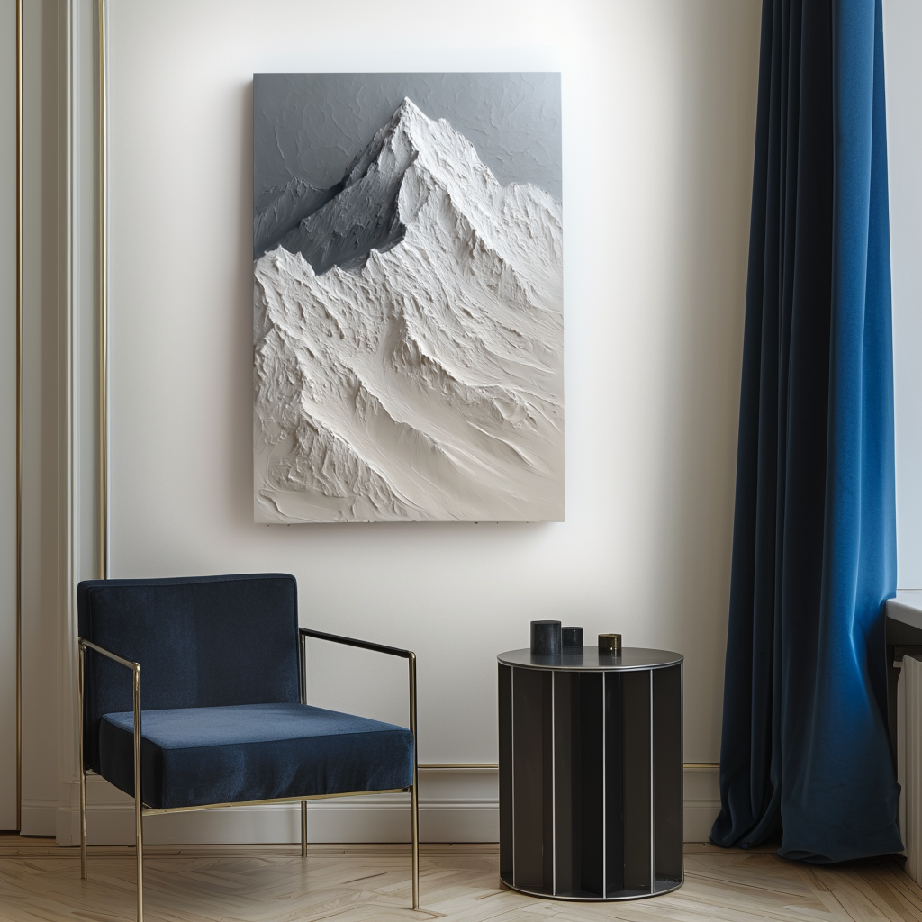Textured snow-capped mountain landscape painting with raised ridges in neutral shades of white, gray, and beige.