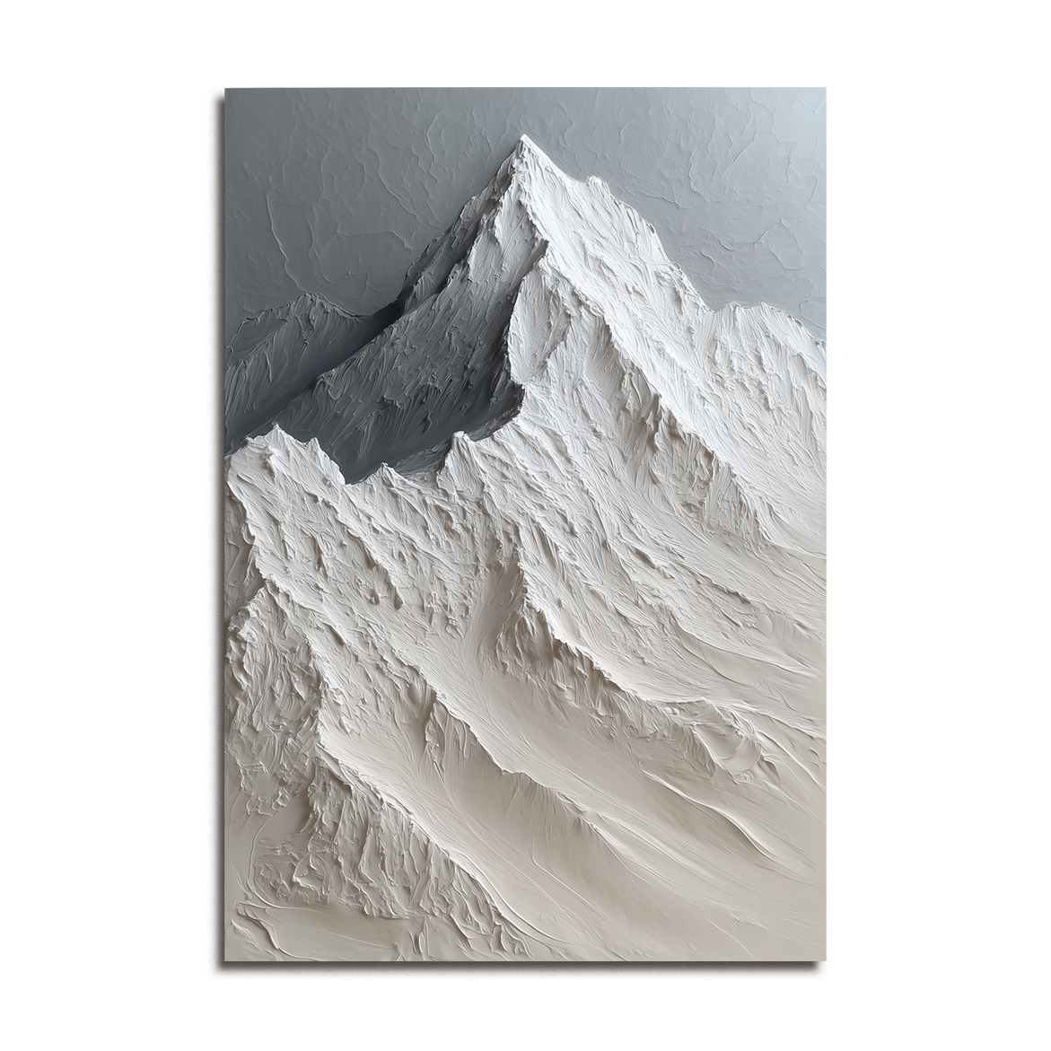 Textured snow-capped mountain landscape painting with raised ridges in neutral shades of white, gray, and beige.