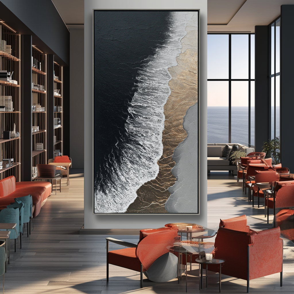 Textured ocean wave painting with black ocean, white foam, and golden shore details.