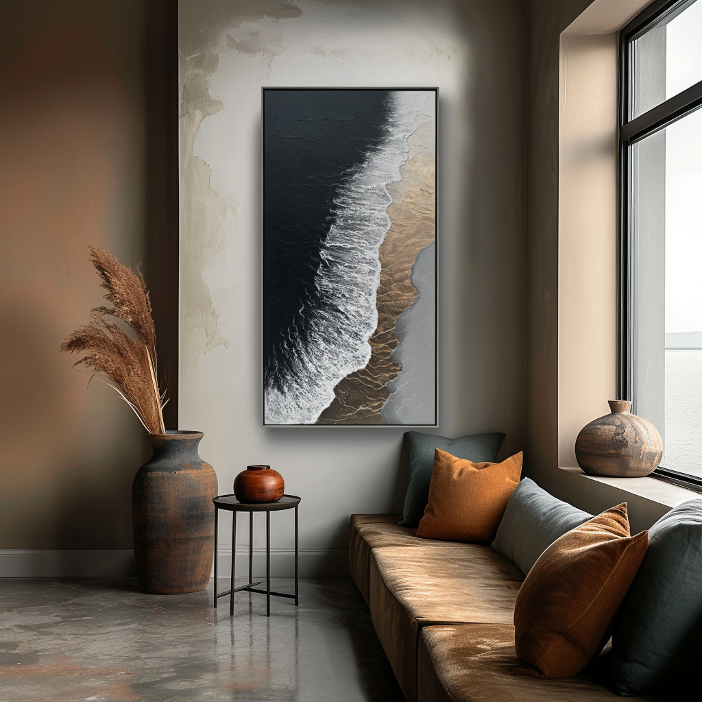 Textured ocean wave painting with black ocean, white foam, and golden shore details.