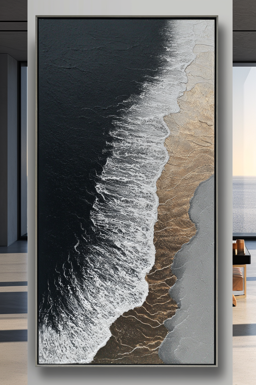 Textured ocean wave painting with black ocean, white foam, and golden shore details.