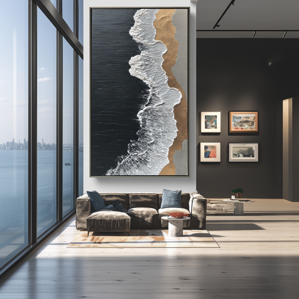 Textured ocean wave painting with black ocean, white foam, and golden shore.