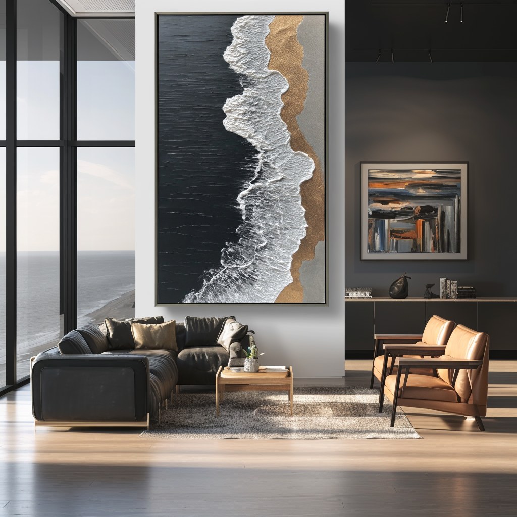 Textured ocean wave painting with black ocean, white foam, and golden shore.