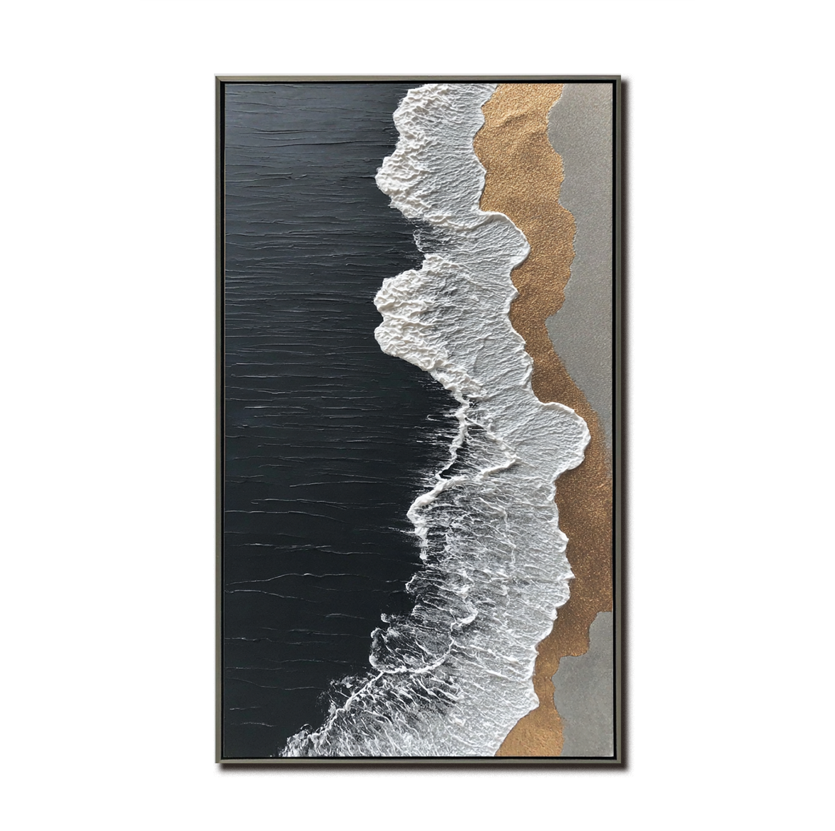 Textured ocean wave painting with black ocean, white foam, and golden shore.