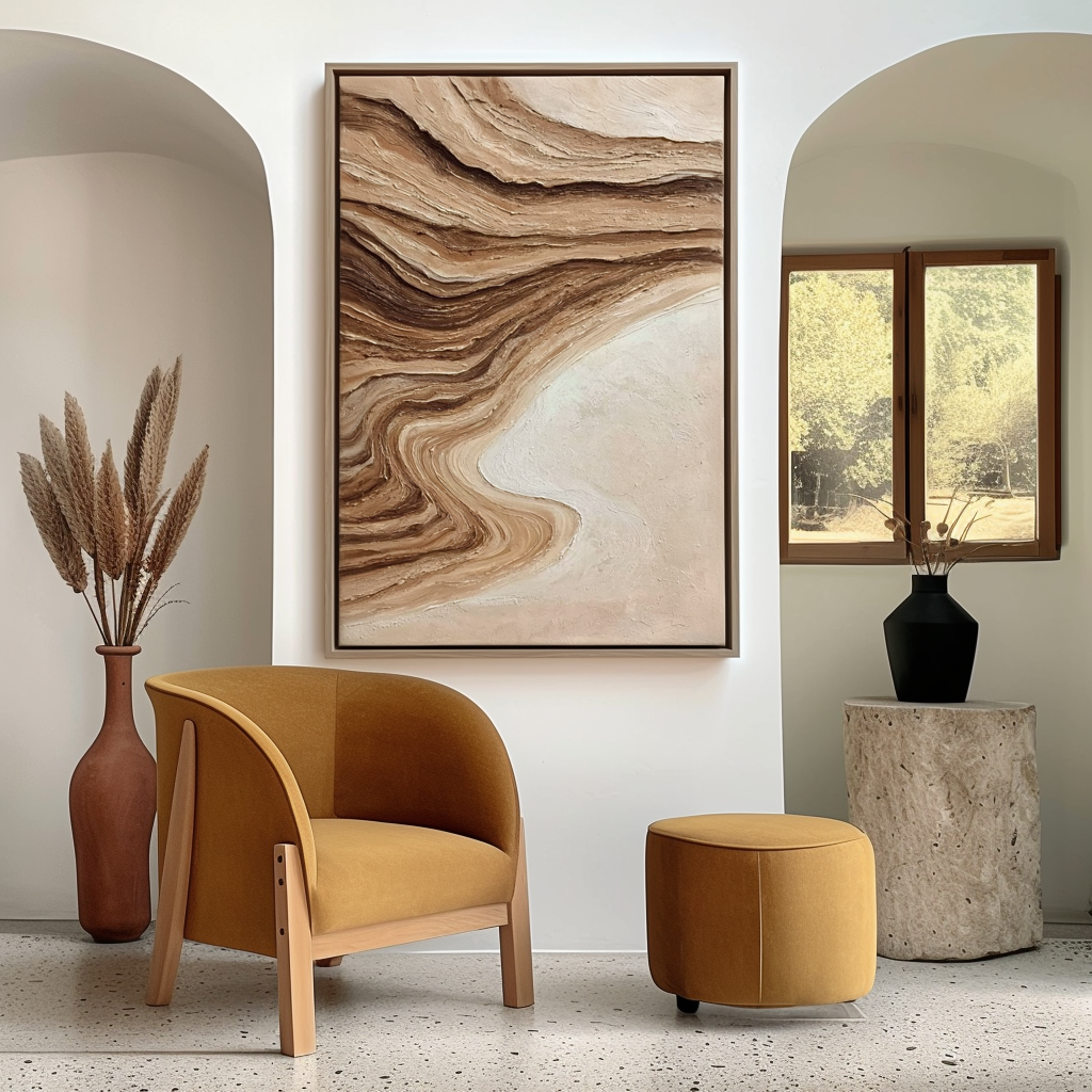 Textured abstract painting in warm beige, brown, and cream tones with layered, flowing lines.