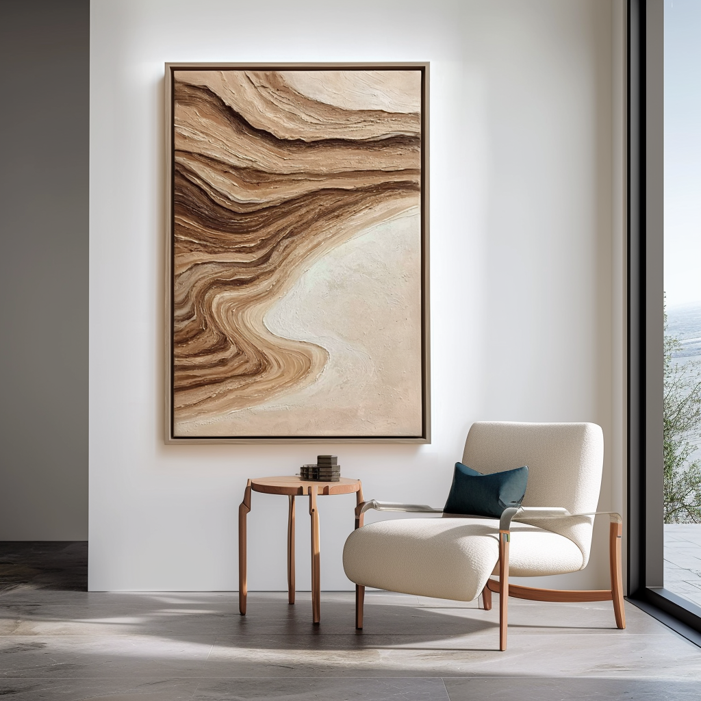 Textured abstract painting in warm beige, brown, and cream tones with layered, flowing lines.