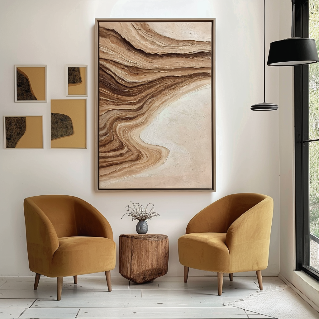 Textured abstract painting in warm beige, brown, and cream tones with layered, flowing lines.