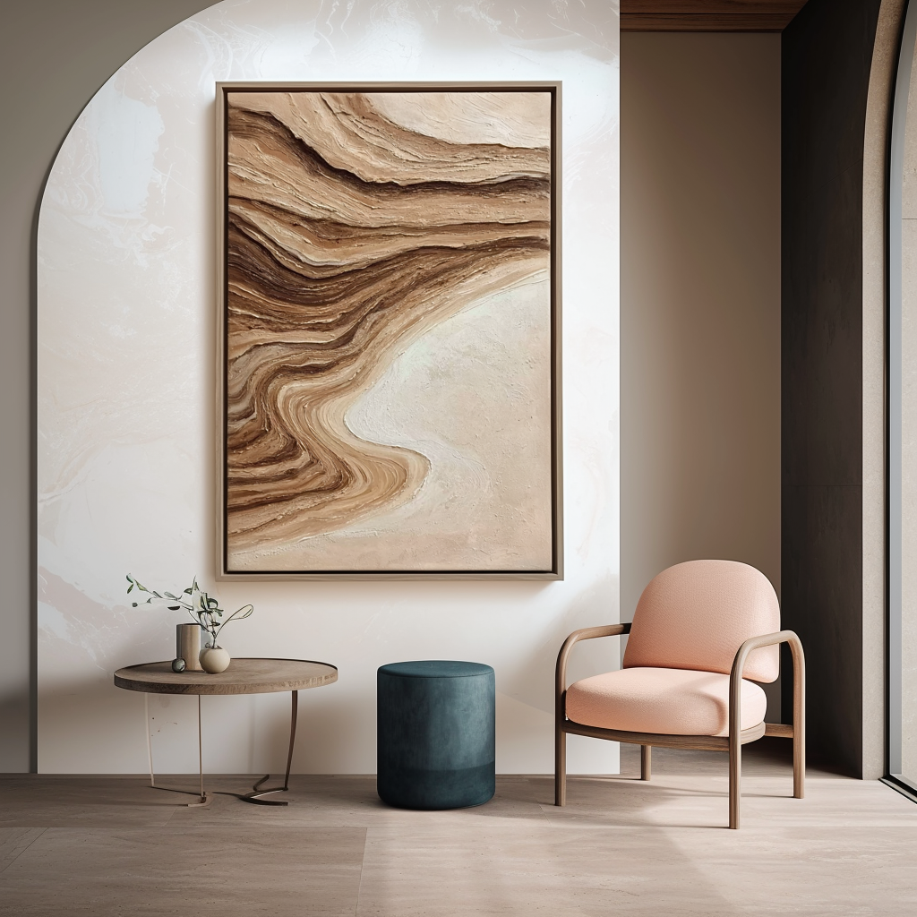 Textured abstract painting in warm beige, brown, and cream tones with layered, flowing lines.
