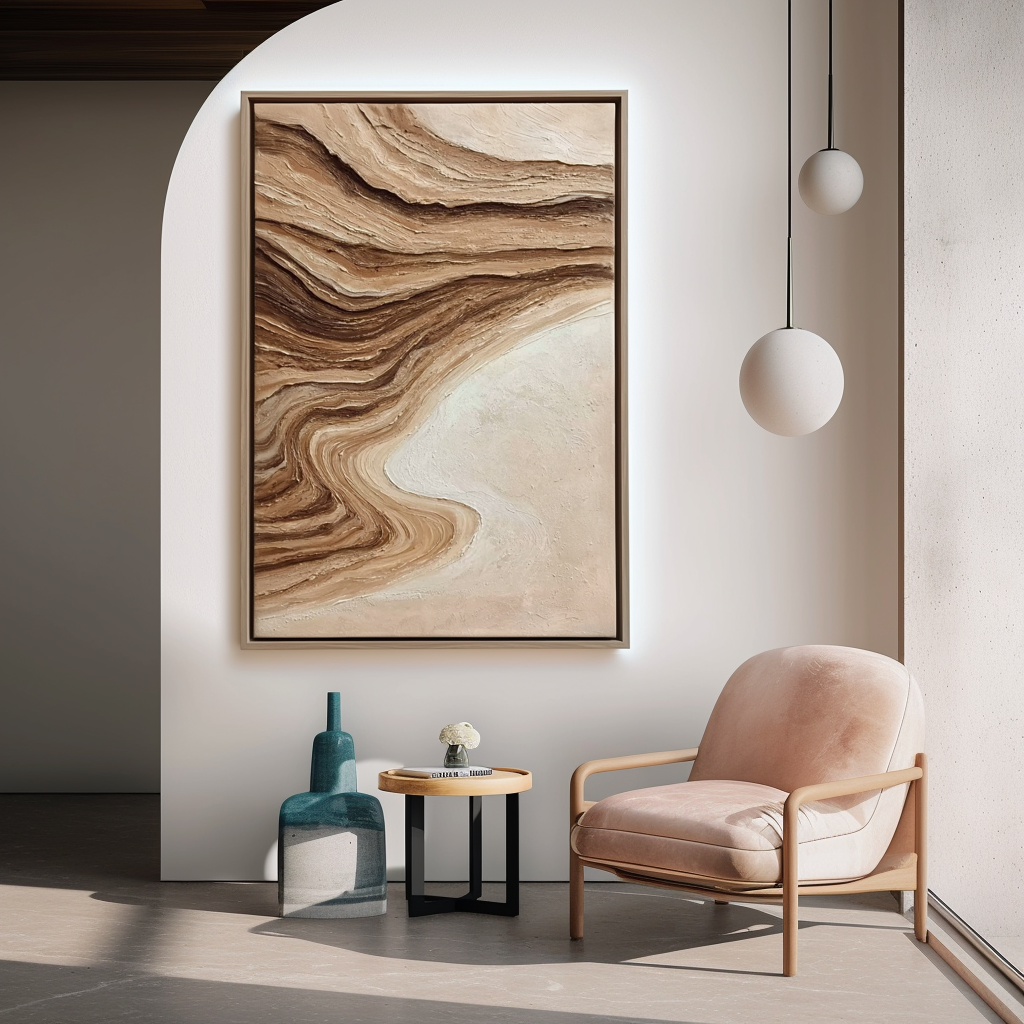 Textured abstract painting in warm beige, brown, and cream tones with layered, flowing lines.
