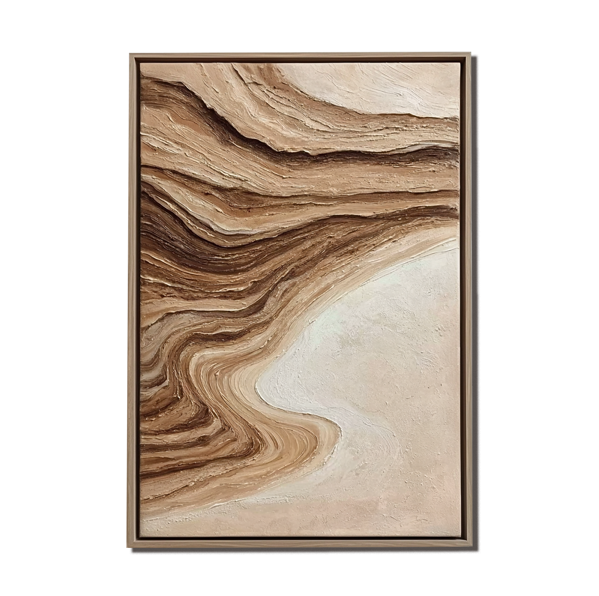 Textured abstract painting in warm beige, brown, and cream tones with layered, flowing lines.