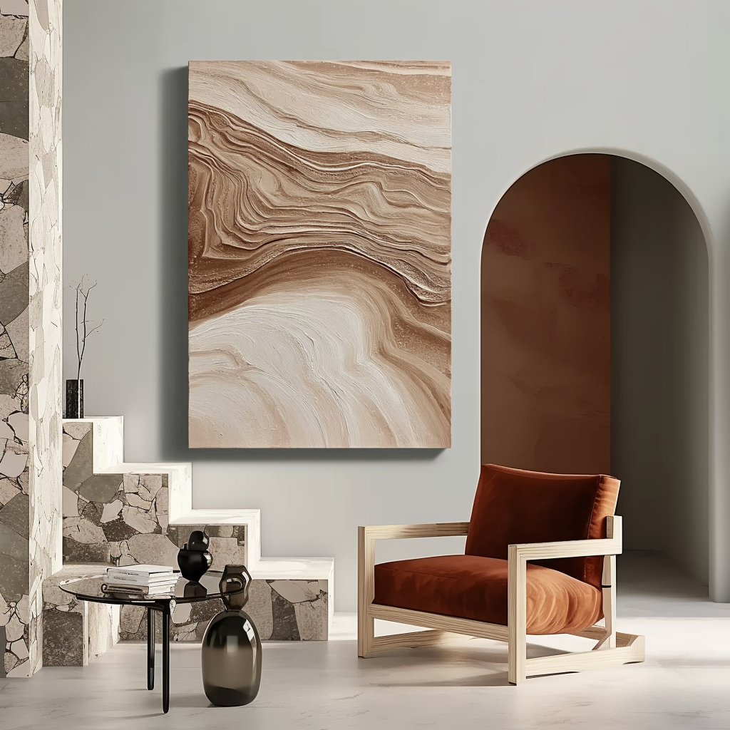 Textured abstract painting with flowing lines in beige, brown, and cream tones, resembling natural landscapes.