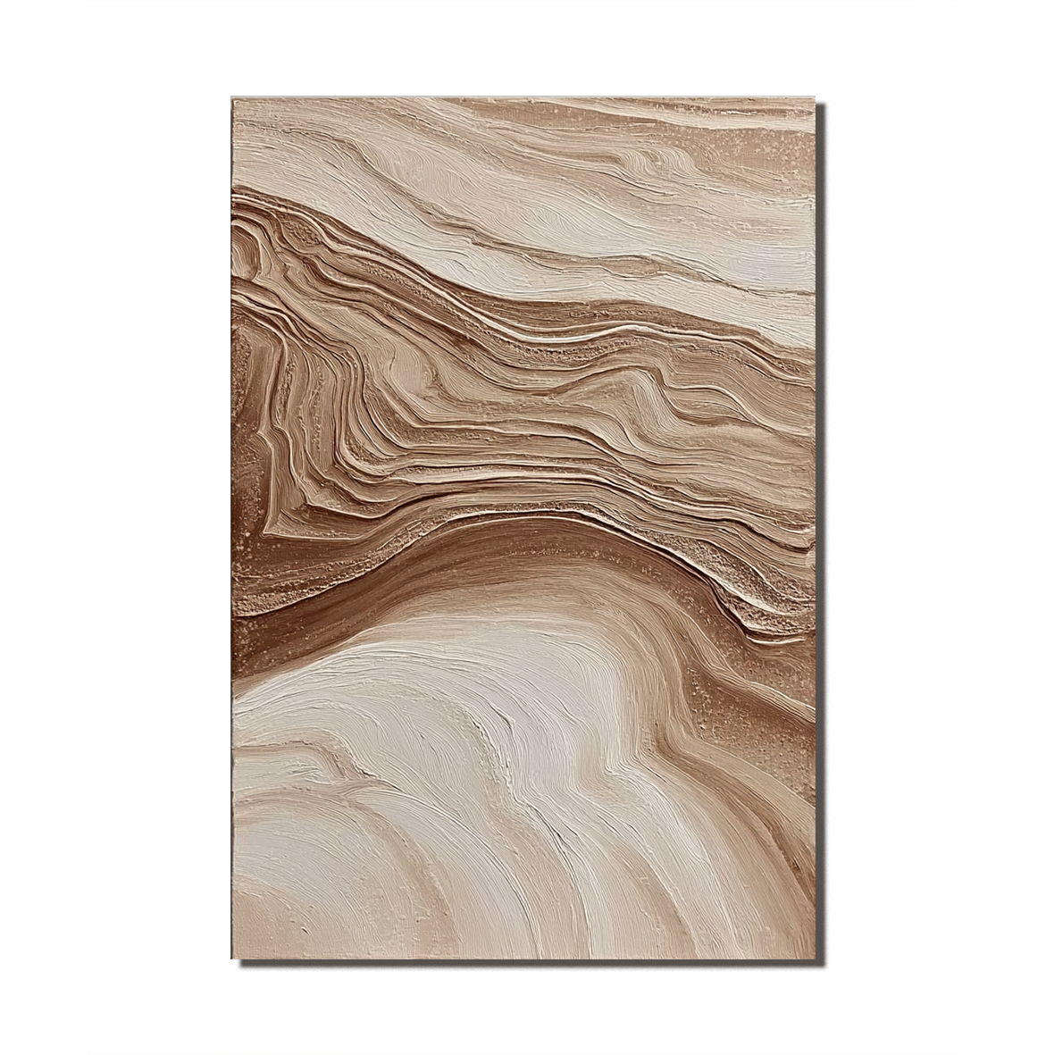Textured abstract painting with flowing lines in beige, brown, and cream tones, resembling natural landscapes.