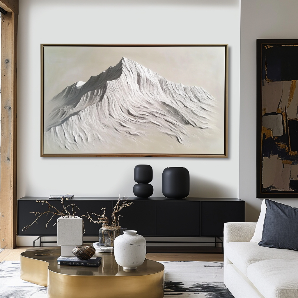Textured snow-capped mountain painting in white, beige, and gray tones with raised ridges and slopes.
