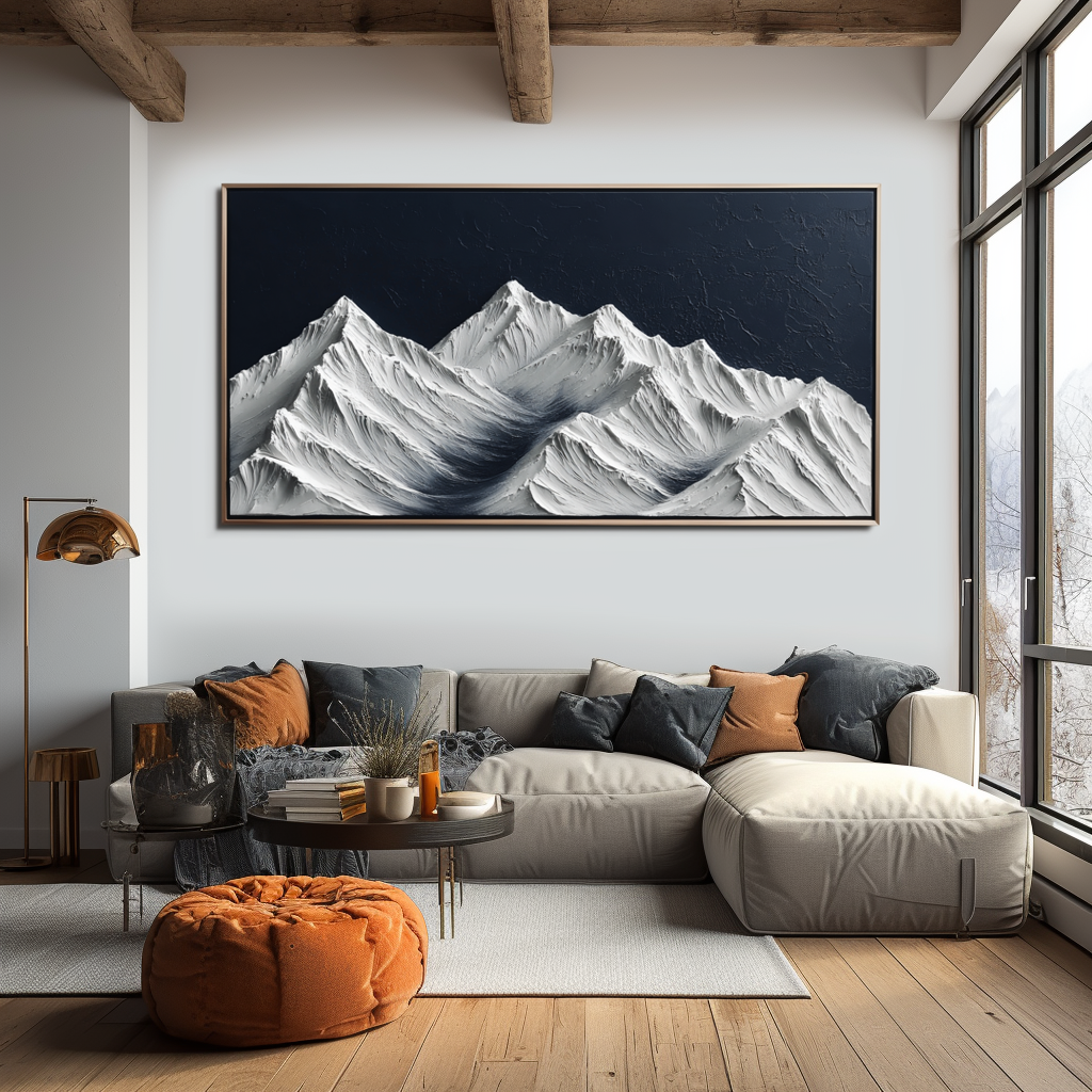 Textured snow-covered mountain landscape with white peaks and dark blue sky.