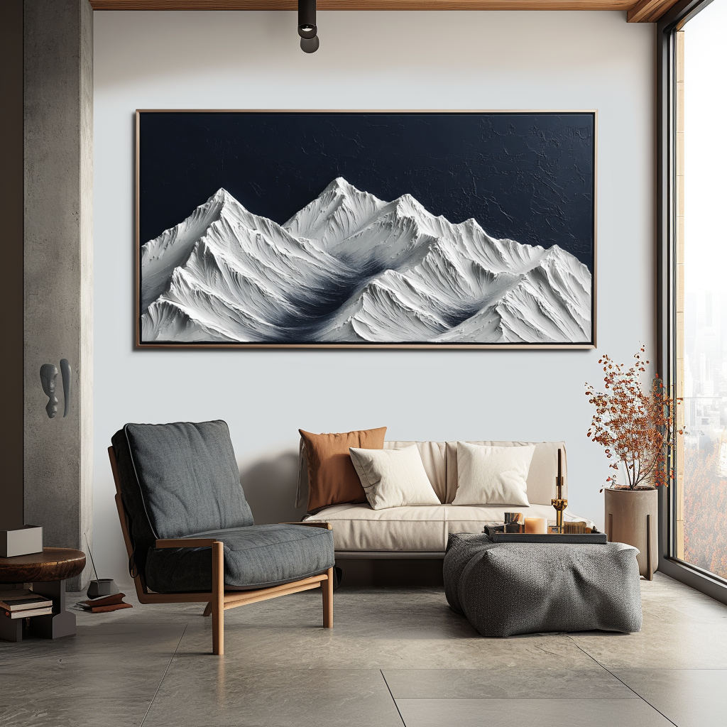 Textured snow-covered mountain landscape with white peaks and dark blue sky.