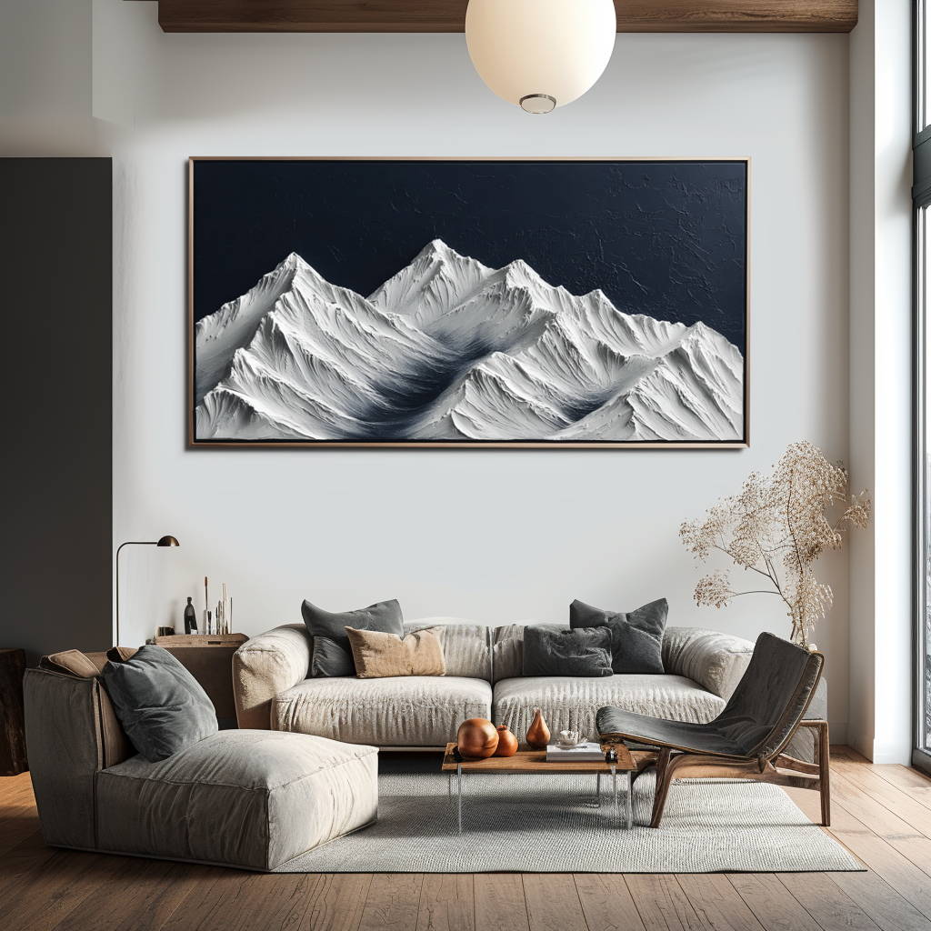 Textured snow-covered mountain landscape with white peaks and dark blue sky.