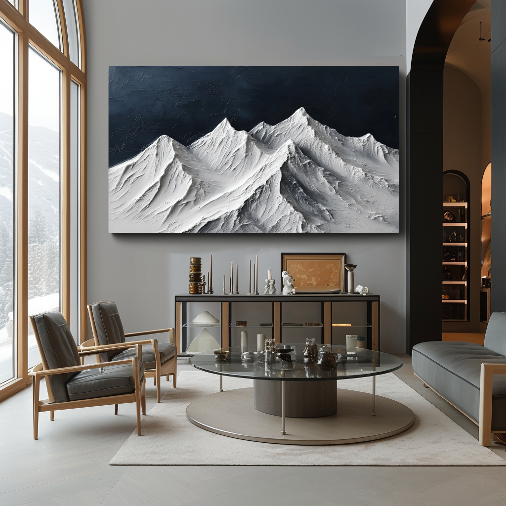 Textured snow-covered mountain range with white peaks and dark blue sky.