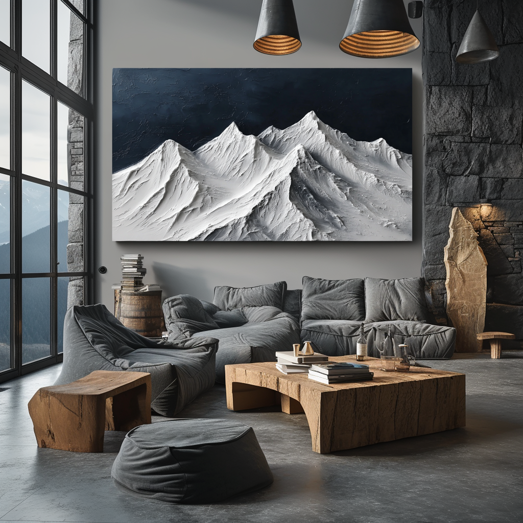 Textured snow-covered mountain range with white peaks and dark blue sky.