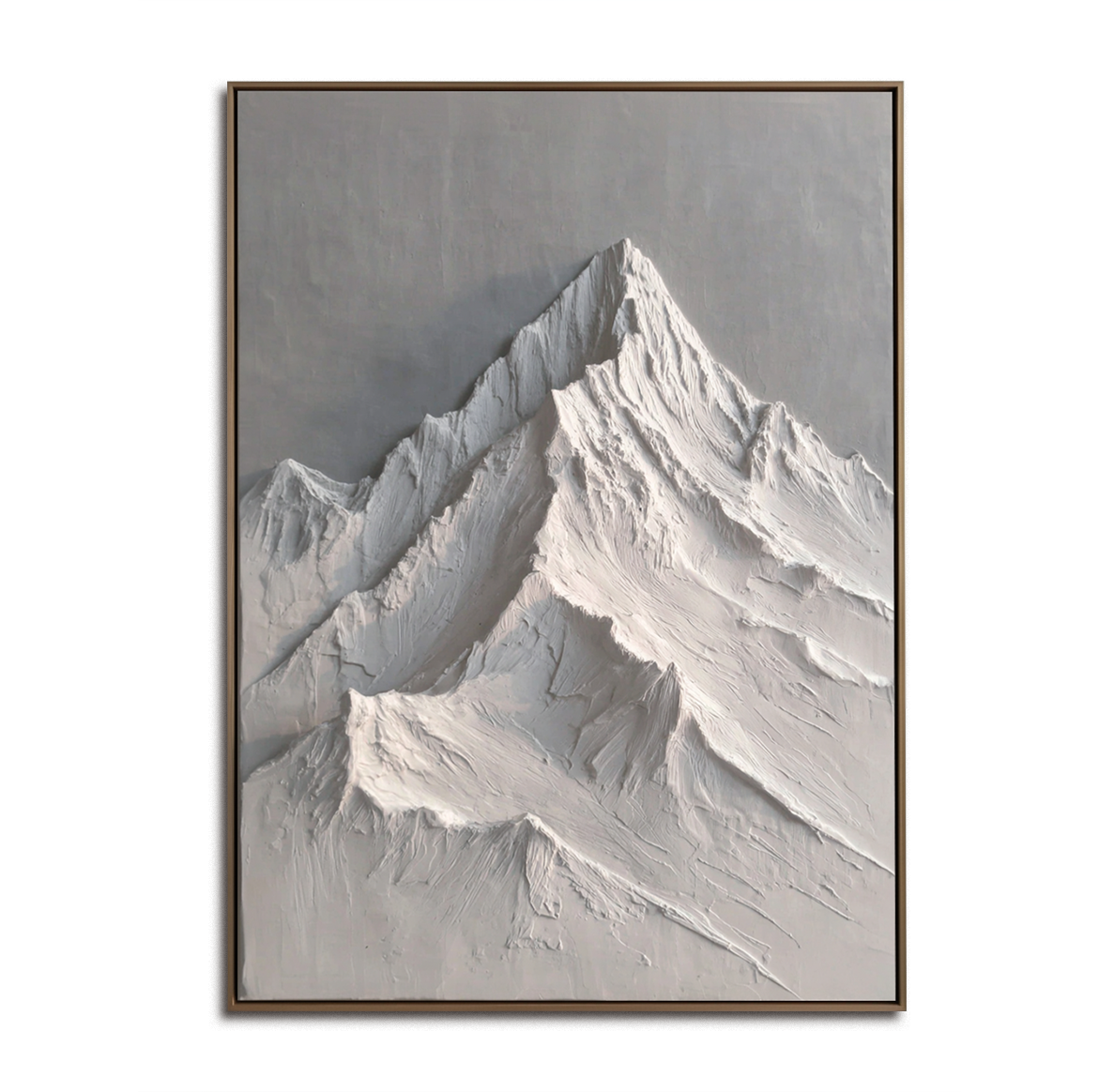 Textured snow-capped mountain landscape in white and gray tones with raised ridges.