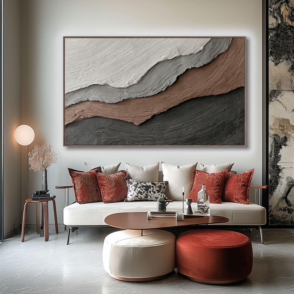Textured abstract painting in beige, gray, brown, and black tones with flowing brushstrokes and layered textures.