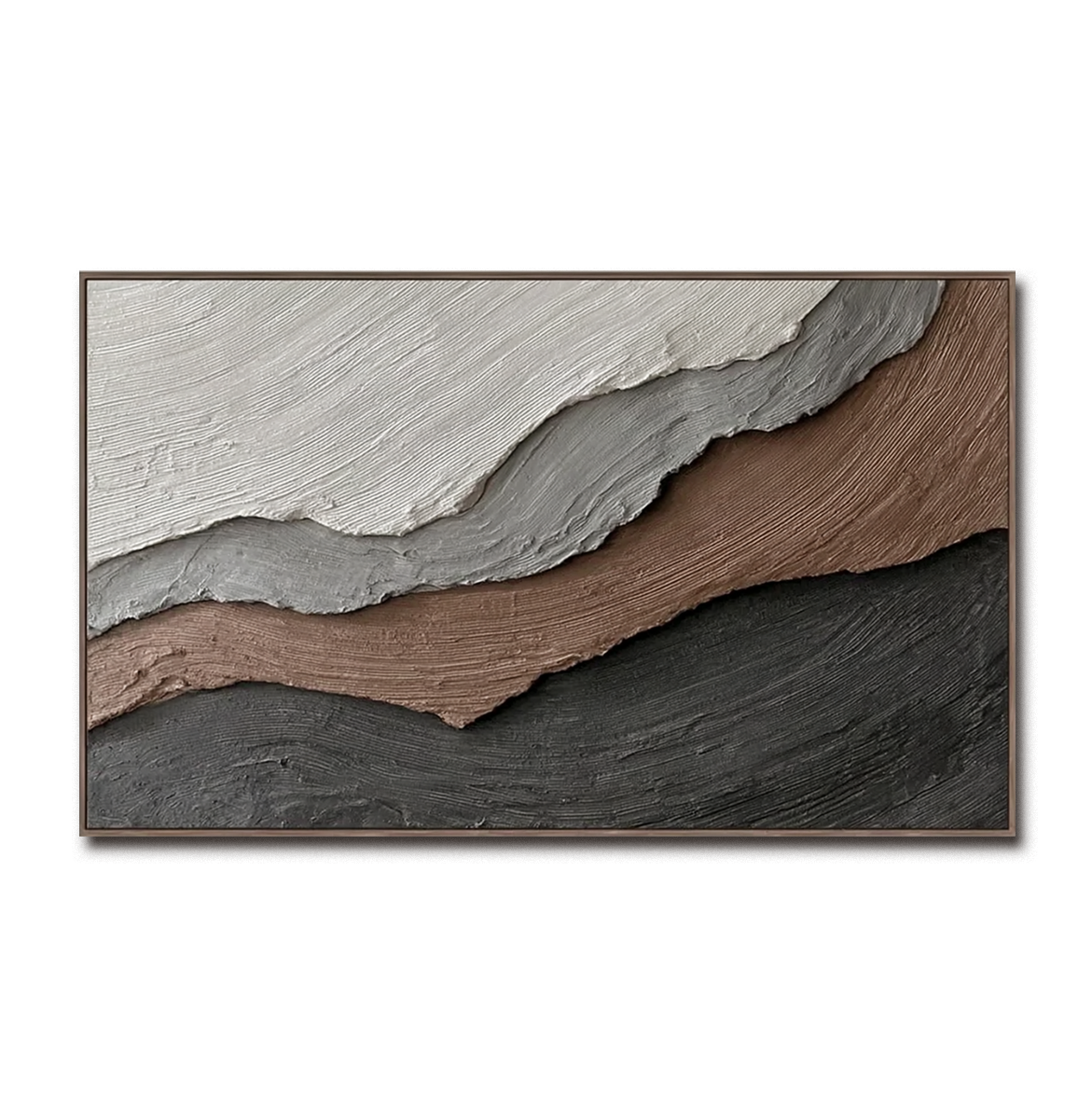 Textured abstract painting in beige, gray, brown, and black tones with flowing brushstrokes and layered textures.