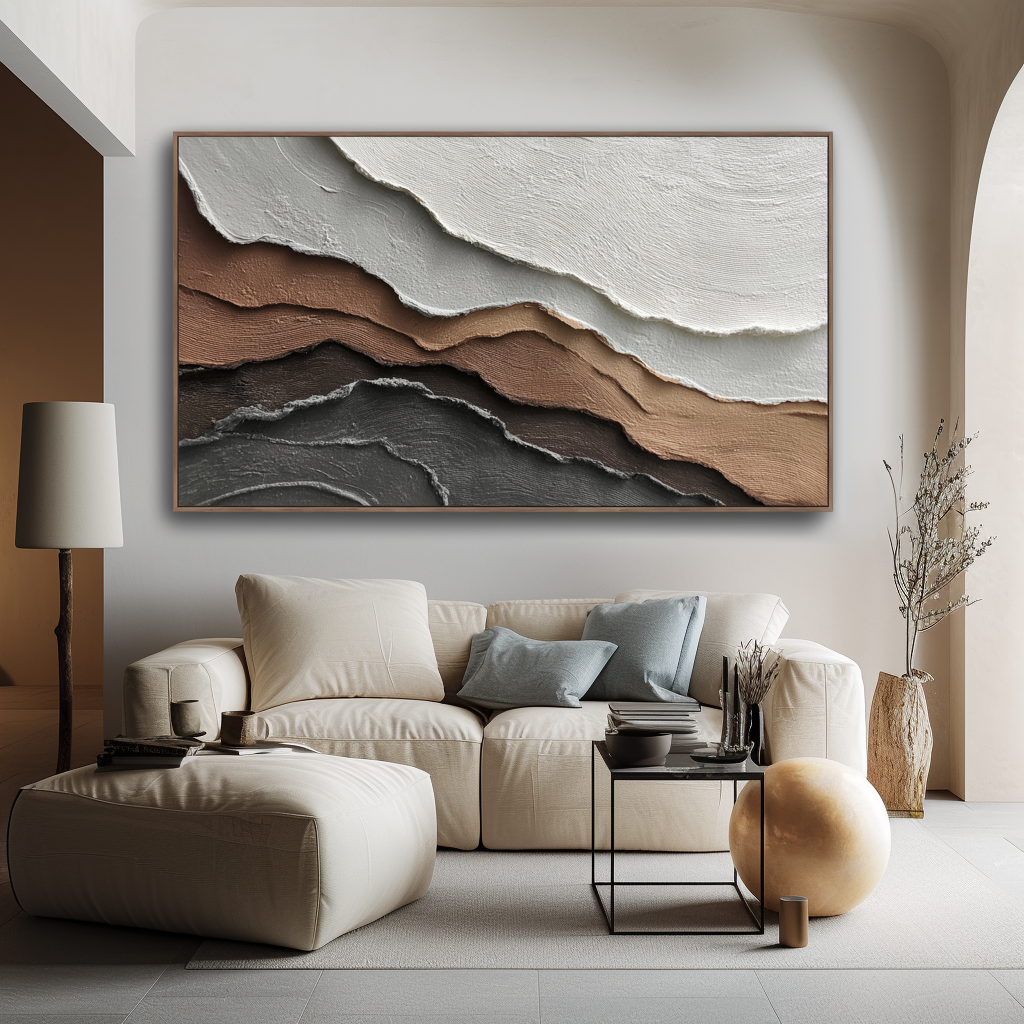 Textured abstract painting in layers of white, beige, brown, and gray tones with raised brushstrokes.