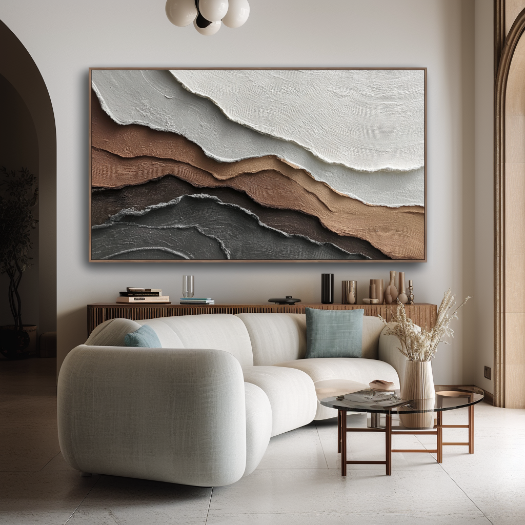 Textured abstract painting in layers of white, beige, brown, and gray tones with raised brushstrokes.