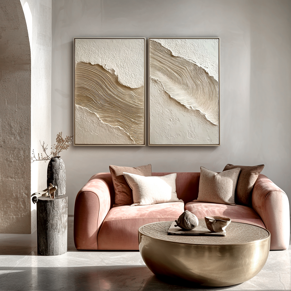 Textured abstract diptych with flowing lines in beige, cream, and white tones, creating a sense of movement and depth.