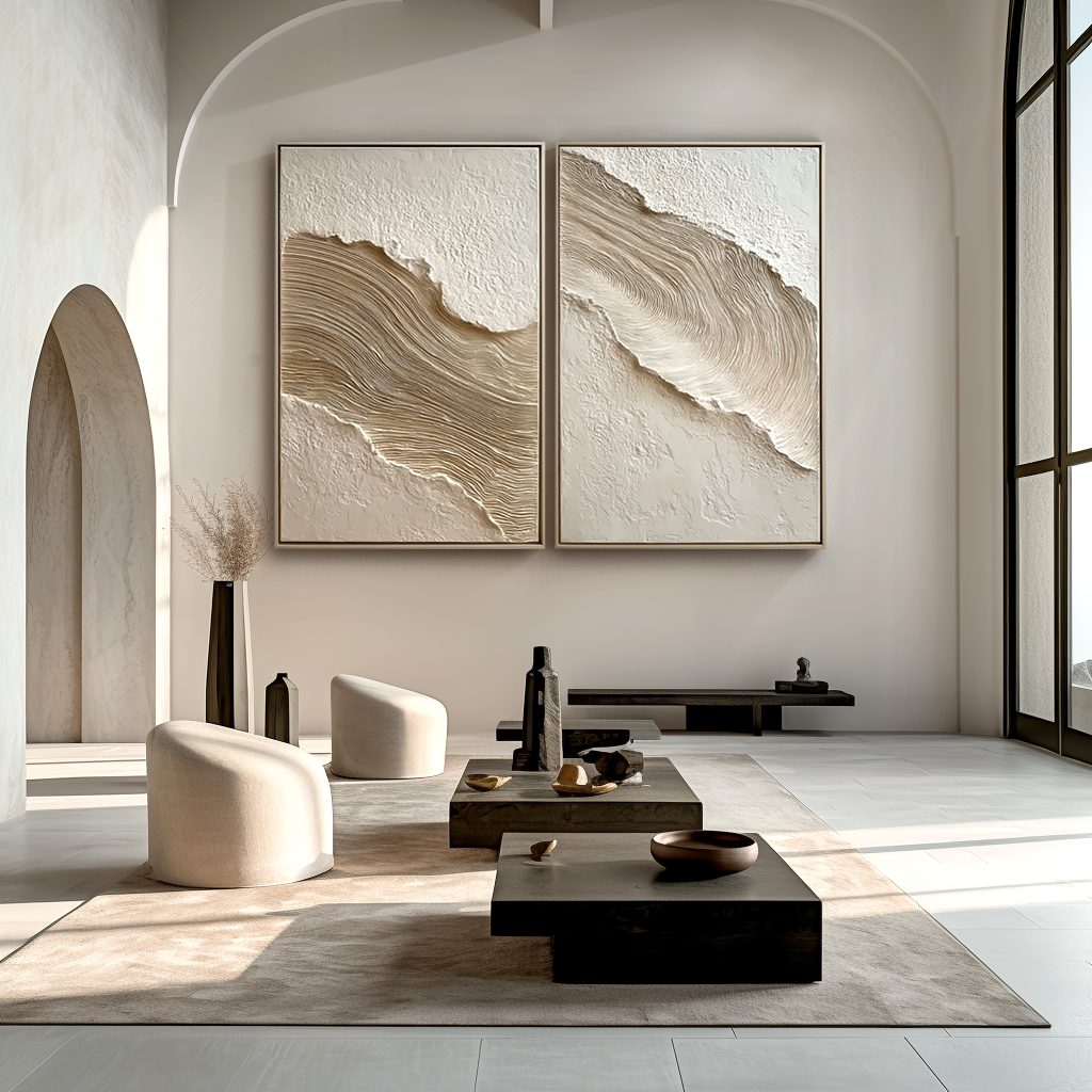 Textured abstract diptych with flowing lines in beige, cream, and white tones, creating a sense of movement and depth.