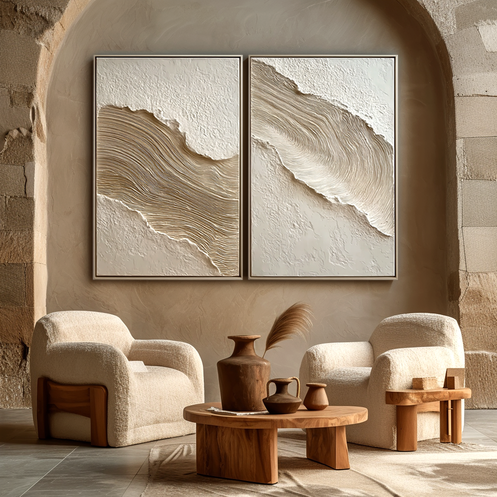 Textured abstract diptych with flowing lines in beige, cream, and white tones, creating a sense of movement and depth.