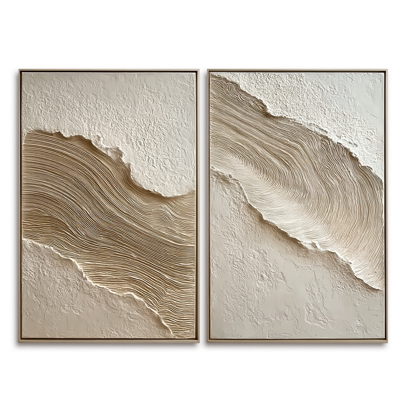 Textured abstract diptych with flowing lines in beige, cream, and white tones, creating a sense of movement and depth.