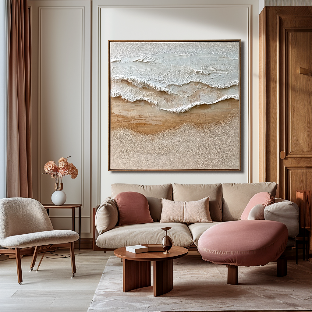 Textured ocean waves with white foam crashing onto a sandy beach in soft beige and white tones.