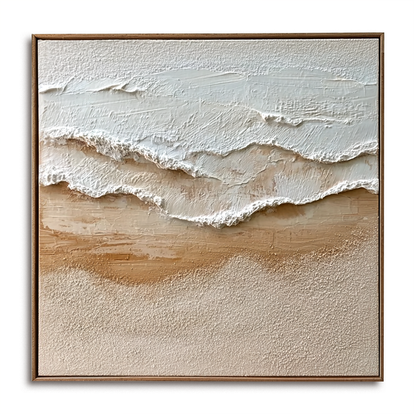 Textured ocean waves with white foam crashing onto a sandy beach in soft beige and white tones.