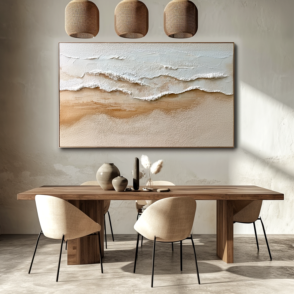 Textured ocean waves with white foam gently washing onto a sandy beach in soft beige and white tones.