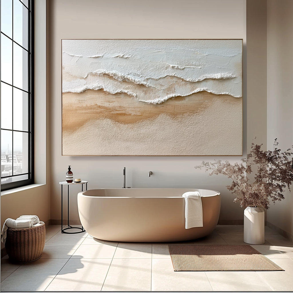 Textured ocean waves with white foam gently washing onto a sandy beach in soft beige and white tones.