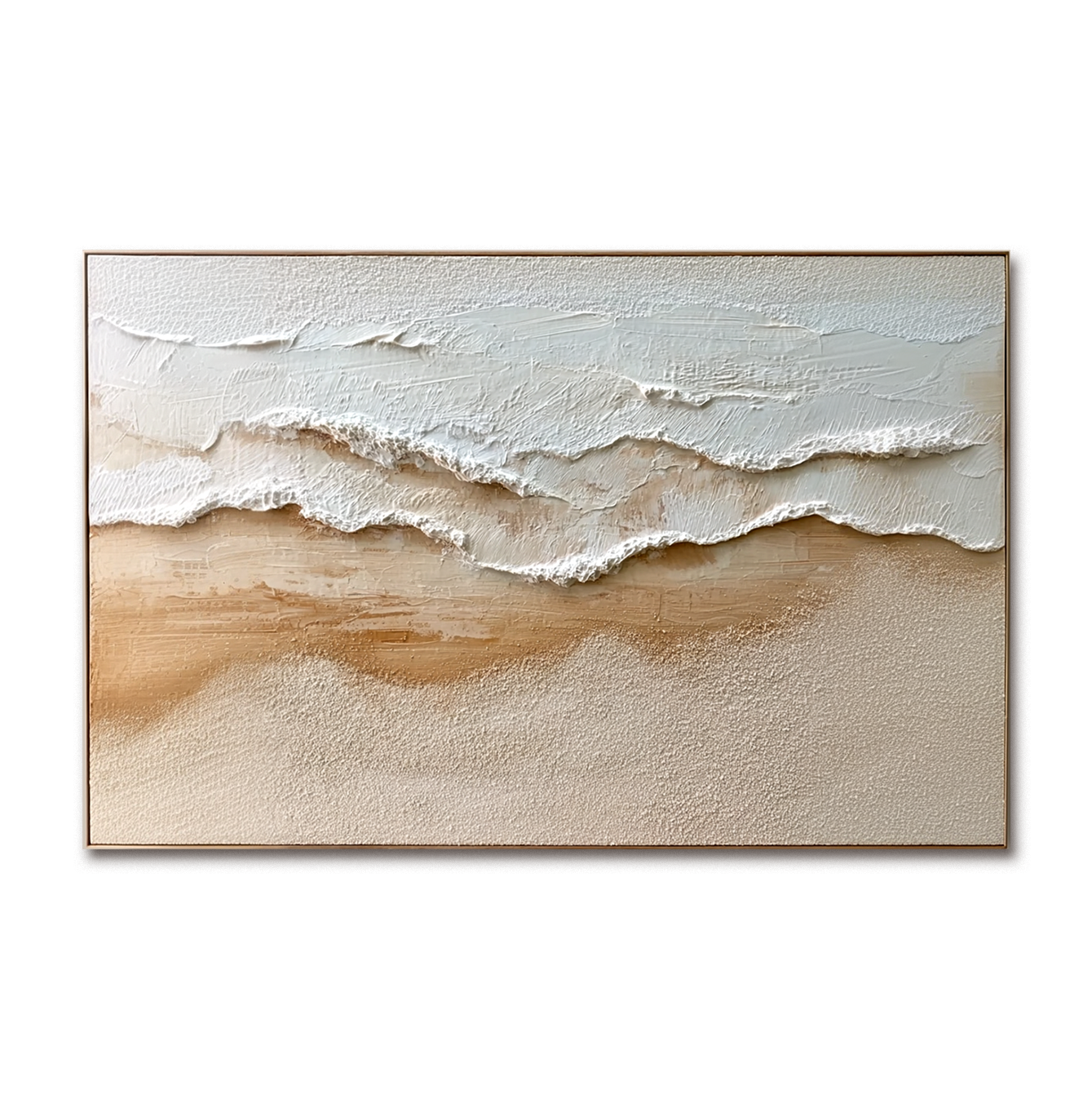 Textured ocean waves with white foam gently washing onto a sandy beach in soft beige and white tones.