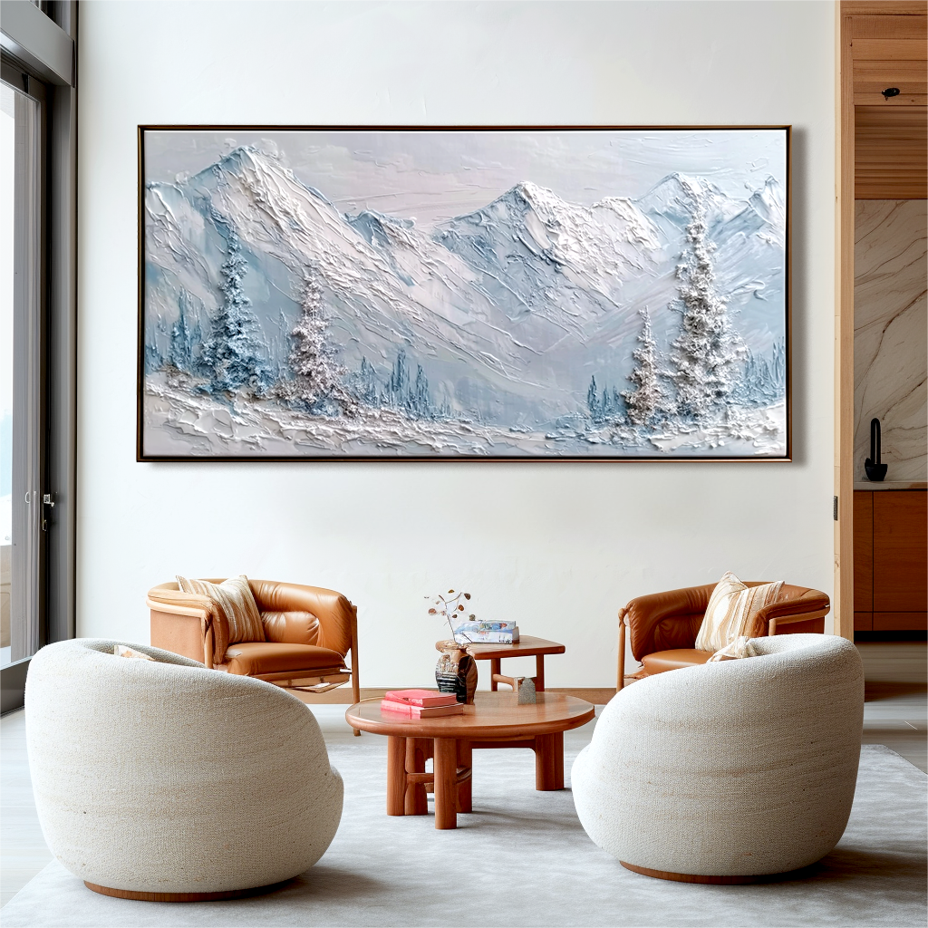 Textured snow-capped mountain painting with white peaks and frosted trees, in soft light blue and gray tones.